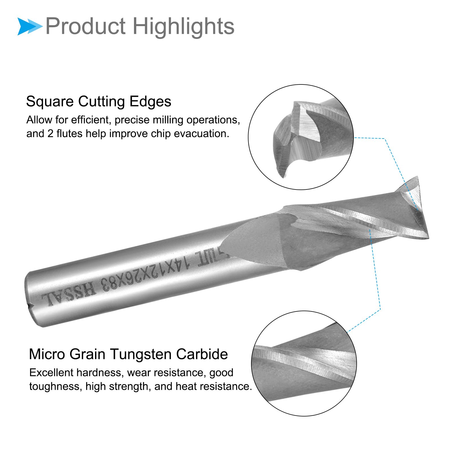 Fraise à Bout Carré, 14mm x 26mm de Coupe, Queue de 12mm, Fraise en Acier Rapide Avec Revêtement en Aluminium, 2 Flûtes, pour Fraiseuse CNC