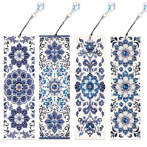 4pcs Diamond Art Bookmark Set - Blue and White Porcelain Pattern, Crystal Water Diamond Art Gift with Diamond Pendant, Suitable for Office, School Reading Enthusiasts, DIY Crafts Gifts, Birthday Gifts