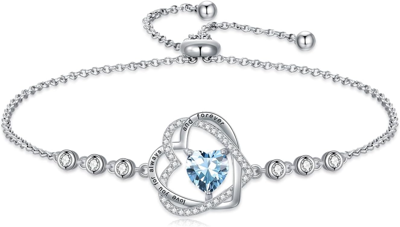 TOUPOP Heart Birthstone Bracelet 925 Sterling Silver Double Heart Bracelet Love You for Always and Forever Jewelry Anniversary Birthday Christmas Gifts for Women Wife Her