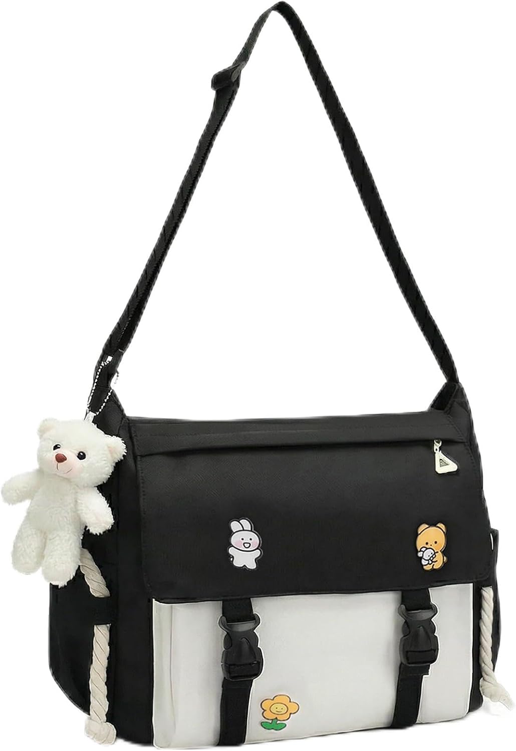 Cute Messenger Bag for Teen Girls Women, Kawaii Crossbody Shoulder Purse with Pins and Stuffed Pendant Gift