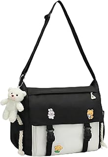 Cute Messenger Bag for Teen Girls Women, Kawaii Crossbody Shoulder Purse with Pins and