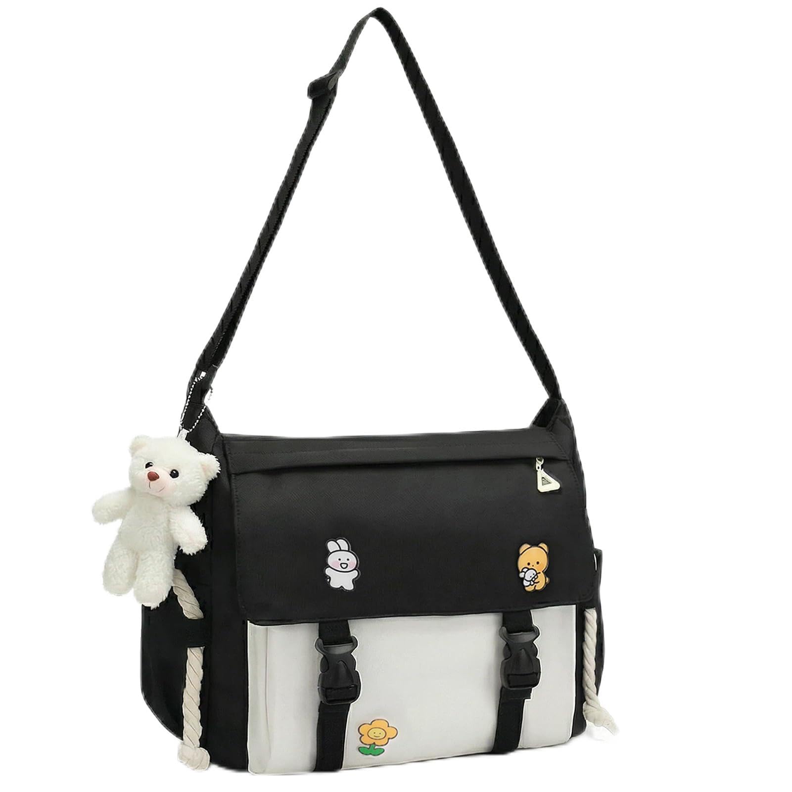 Cute Messenger Bag for Teen Girls Women, Kawaii Crossbody Shoulder Purse with Pins and Stuffed Pendant Gift