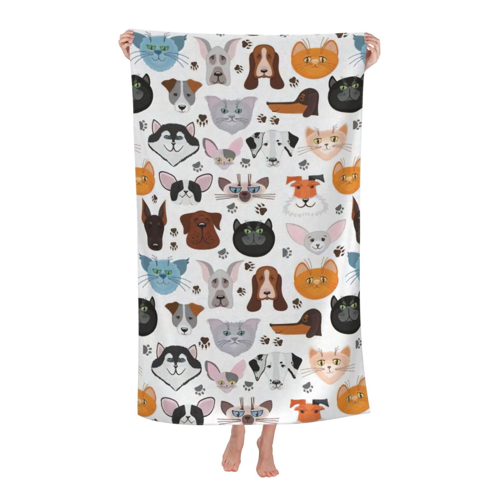 NImongt Cat And Dog Faces Bulldog Beagle Labrador Print Oversized Adult Beach Towel For Travel Weekend Getaways Festivals Camping Trips