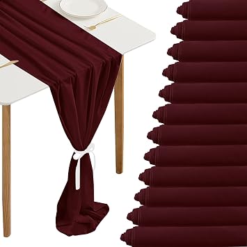 Fivenl 12 Pack Chiffon Table Runner - 12 x 120 Inches Sheer, Romantic for Wedding, Birthday, Party & Baby Shower Decoration Burgundy