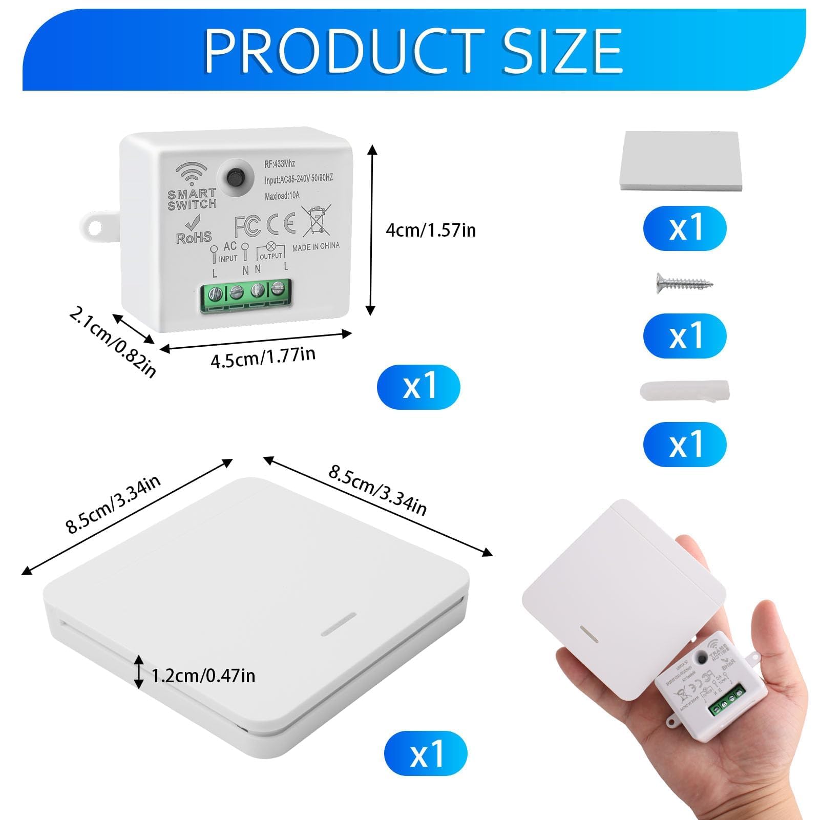 Interruptor de luz Inalámbrico Kit Interruptor Luces Inalambrico 230V Interruptor de Seguridad del Transmisor RF y Controlador Receptor 10A Alcance 50m No Requiere Cableado para Lámpara Hasta 2300W