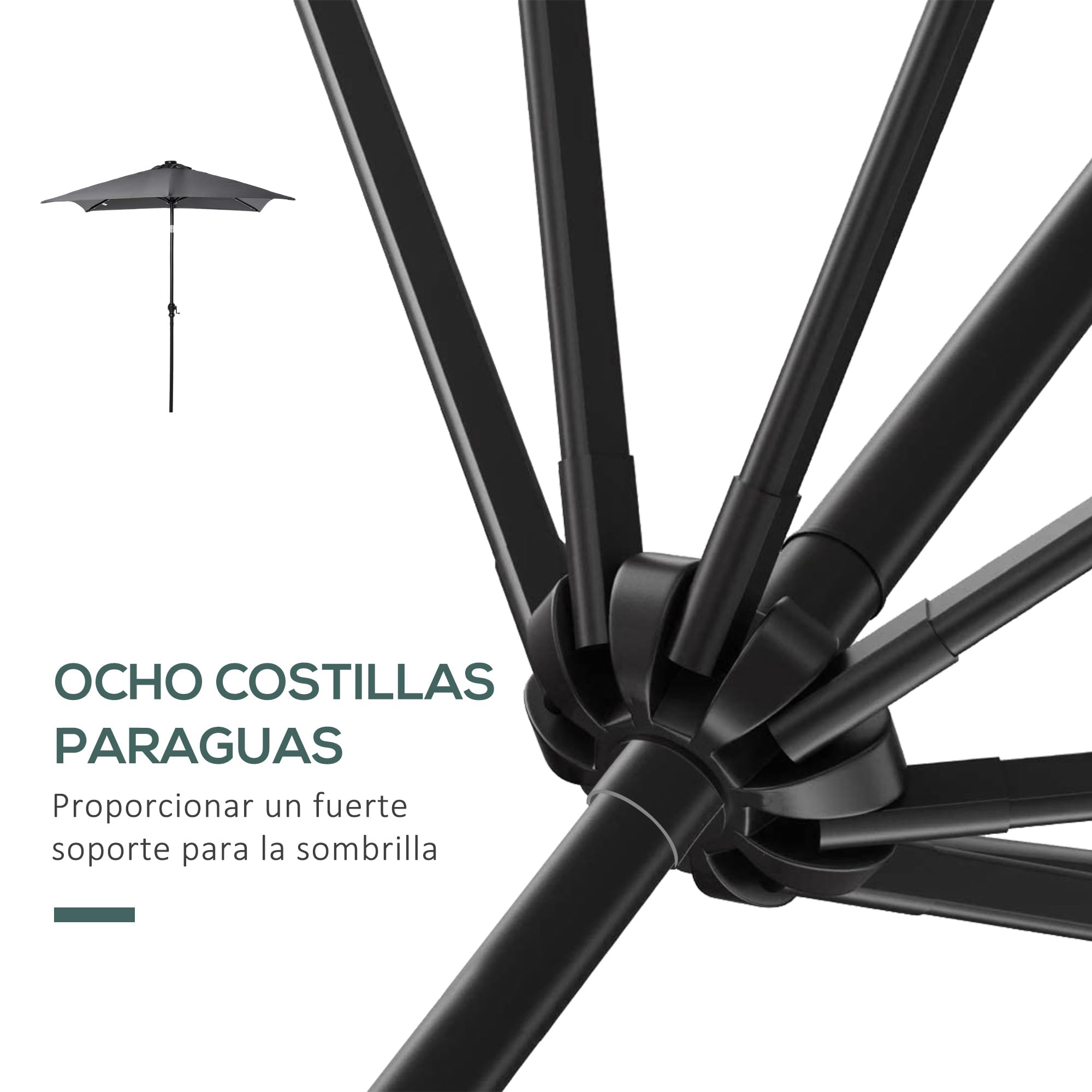 Outsunny Sombrilla Terraza Exterior 2,7x2x2,5 m Inclinable Luces LED | Sombrilla de Jardín, Techo hasta 45°, Poste de Acero, Manivela, Parasol para Patio Terraza