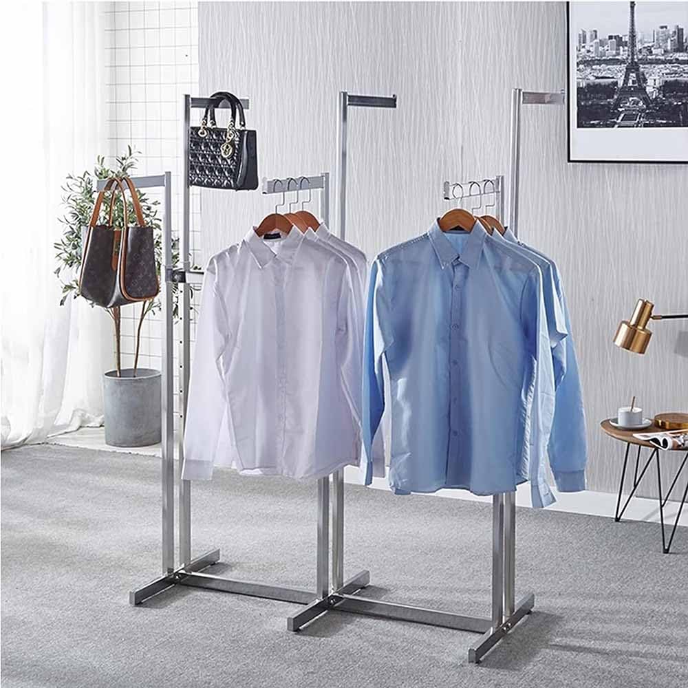 Portant à vêtements industriel très résistant en acier argenté pour dressing de standing