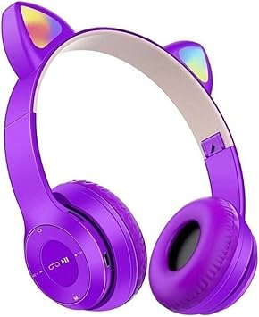 Kedi Kulakl  Bluetooth Kablosuz Kulakl k, RGB I kl , AUX Destekli, Mor