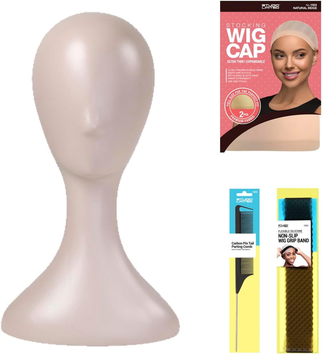 16 Inch Studio Limited Professional Plastic Mannequin Head (Nude) Wig Stand Display Styling Making Display Holder with Jack for Hat Mask Headdress Necklace (Nude, 1 + 3 Pcs Wig Band Set)