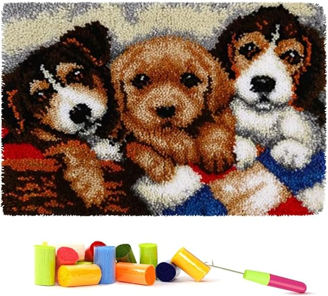 Latch Hook Rug Kit, DIY Latch Hook Dog Rug Making Kit for Adults Kids, Three Dogs, Cross Stitch Kit Carpet Making Cushion Needlework for Beginners, Home Decor