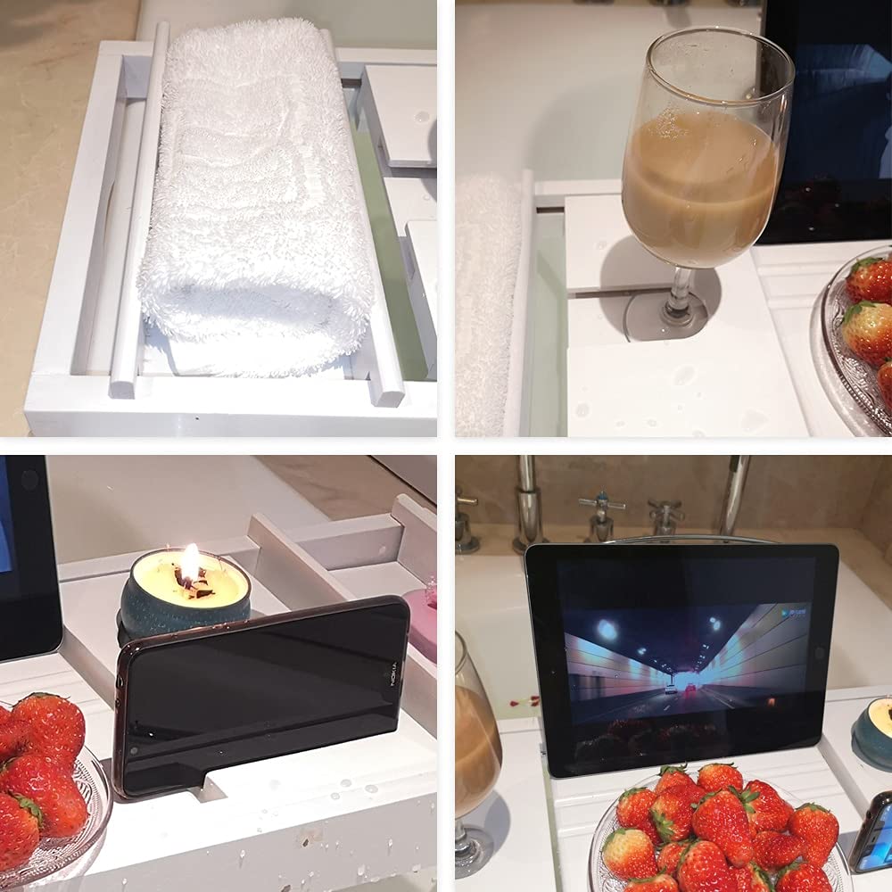 Vasca da bagno estensibile in bambù, vassoio antiscivolo per vasca da bagno, per spa, per vino, tablet, lettura, vasca da bagno (grigio)