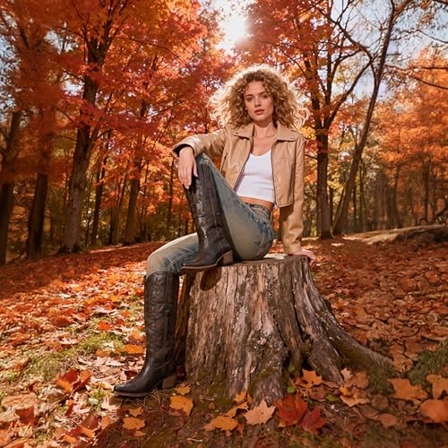 QIY Womens Cowboy Boots Dark Brown Chocolate Cowgirl Boots Coffee Embroidered Knee High Pointed Toe Chunky Heel Western Cow Girl Boot Size 7.5 — view 6