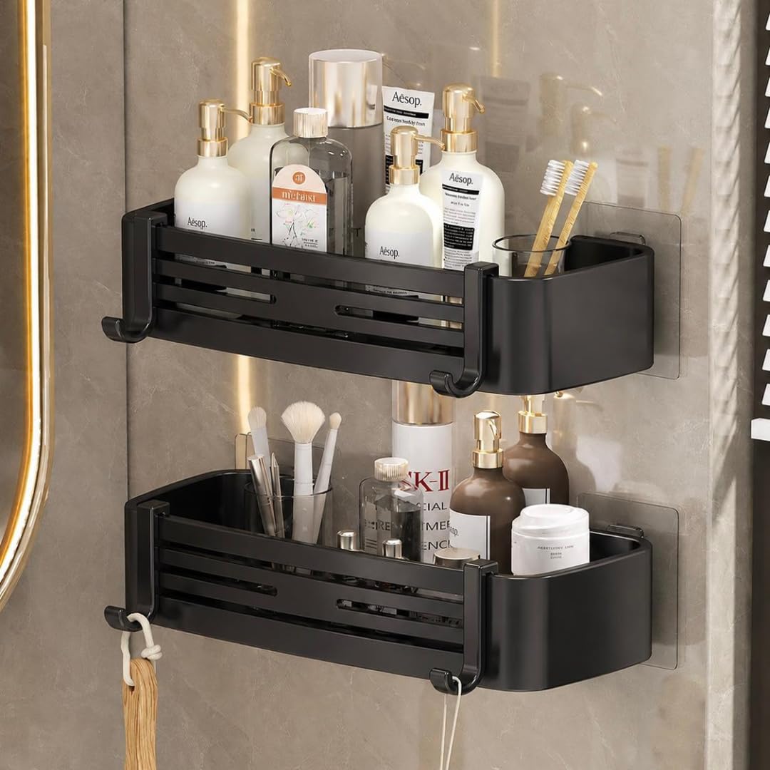 MorivaHomes Self-Adhesive Wall-Mount ABS Plastic Bathroom Shelf Rack Organizer Without Drill Storage Shelves Holder/Accessories (Black, Pack of 2)