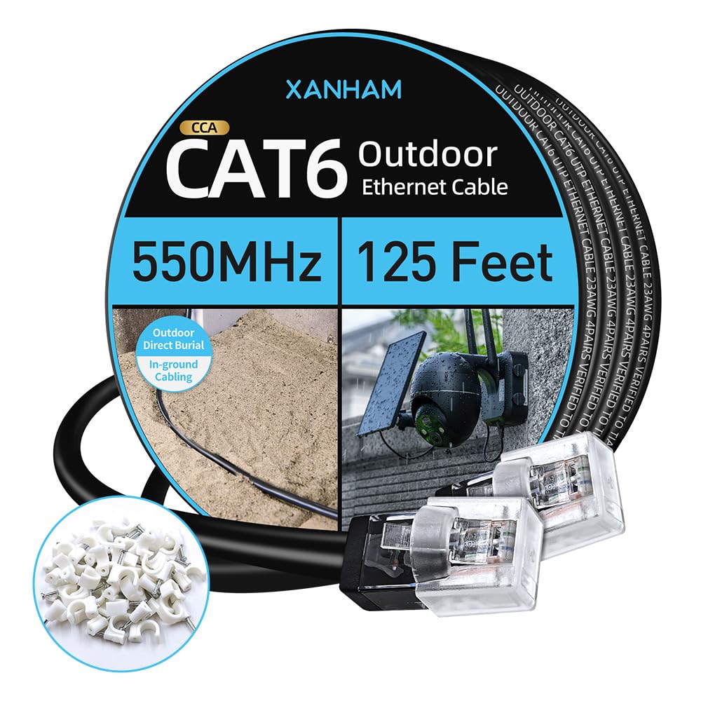 Cable Ethernet Cat6 para exteriores de 125 pies, impermeable y resistente a los rayos UV, cubierta de entierro directo CCA recubierto de cobre, cable de red Cat 6 UTP para Internet y cámara,