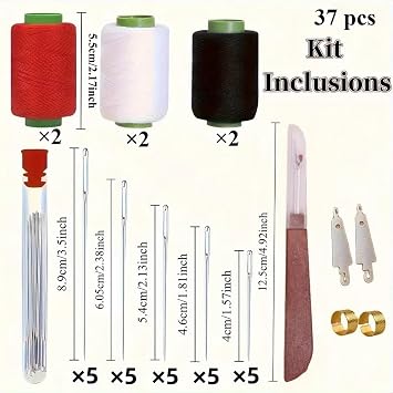 Professional Sewing Kit, 37 Pieces with Thread Spools in Red, White, Black, Metal Needles, Thimbles, Seam Ripper, Complete Hand Repair Tools Set