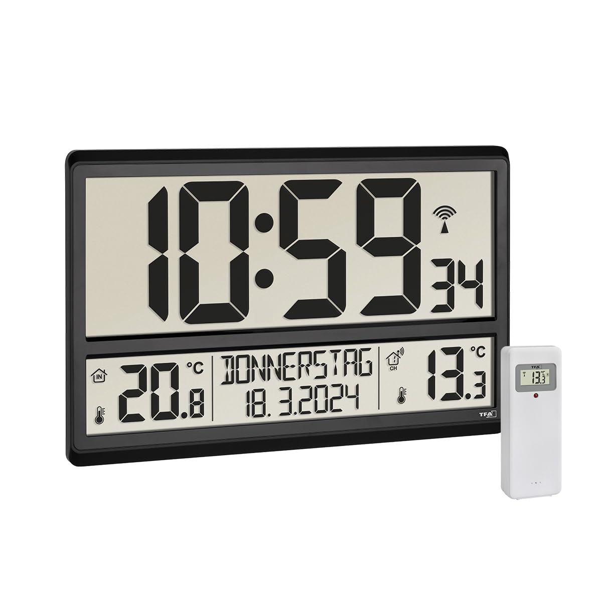 TFA Dostmann Digitale XL Wanduhr, 60.4521.01, mit Außentemperatur, Innentemperatur, Wochentag (8 Sprachen), Funkuhr, Datum, schwarz, (L) 360 x (B) 235 x (H) 28 (84) mm