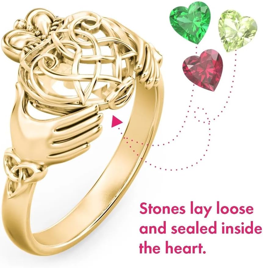 Jewlr Custom Personalized Solid Gold 10/14K or Sterling Silver Birthstone Ring - Caged Hearts Celtic Claddagh Statement Ring - Mothers Day Gifts Birthstone Rings for Women Mother Daughter Promise Ring