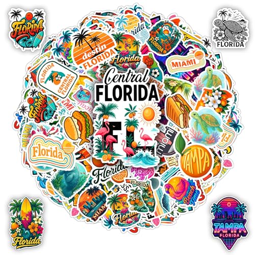 BETANAS 100 PCS Florida Travel Stickers Pack, Vinyl Waterproof Decals of Beaches Palm Trees Oranges State Icons and City Skylines, Gift for Teens Adults Laptop Water Bottle Scrapbook Luggage Car