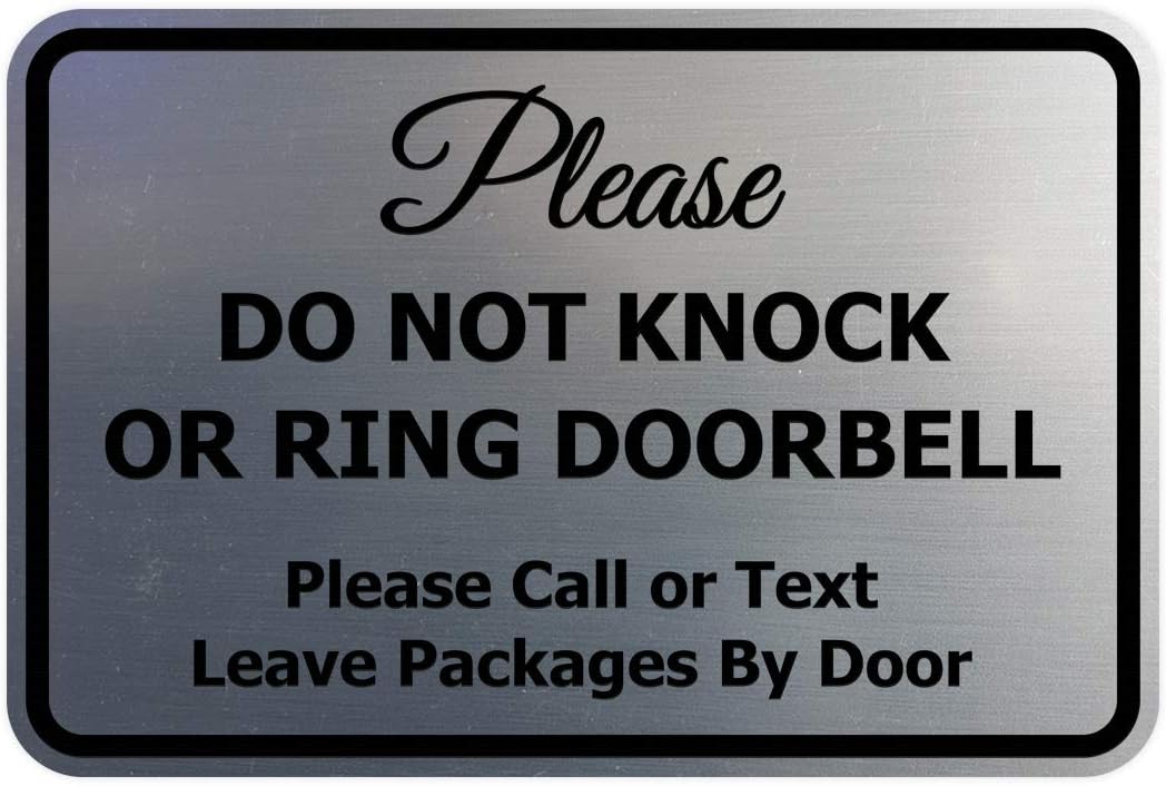 Signs ByLITA Classic Framed Please Do Not Knock Or Ring Doorbell Wall or Door Sign - Easy Installation | Mail Delivery Instruction | Do Not Disturb (Brushed Silver) - Medium 5 Pack