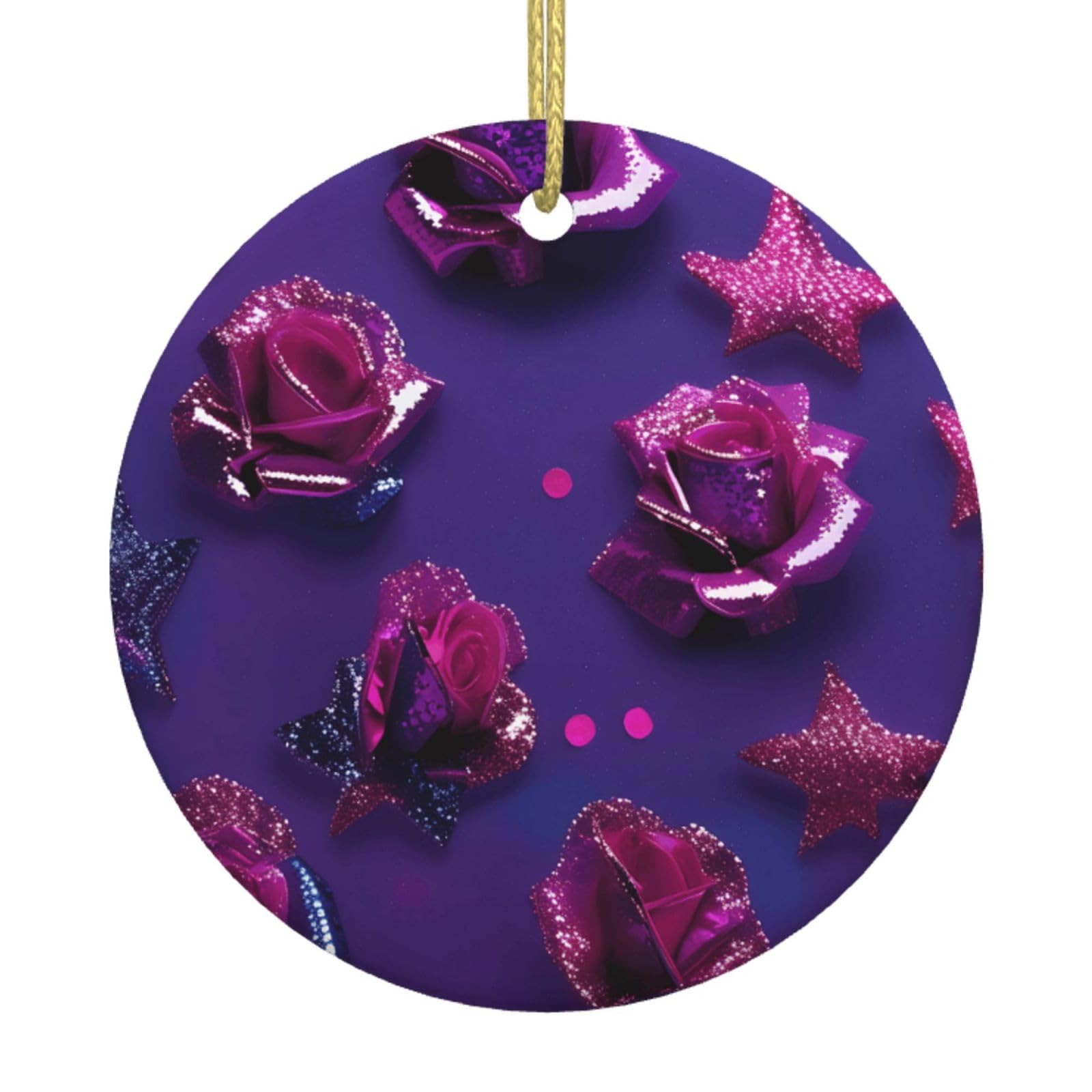 Glitter Sequin Rose Print Christmas Ornaments, Ceramic Hanging Ornament, Round Shape Decorations