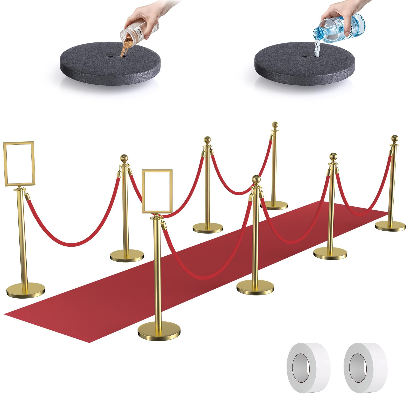 Photo 1 of kaiyomi 8Pcs Stanchions and Velvet Ropes with Red Carpet and Sign (Gold)