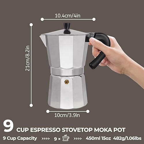 Miniatura 2 de Cafetera de aluminio con 9 tazas de 15.2 fl oz Moka Pot Express para estufa, cafetera de café expreso, cafetera italiana clásica, Greca Café,