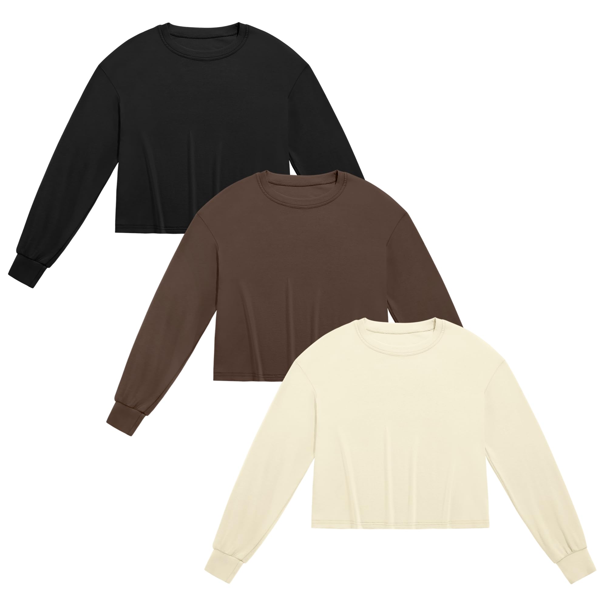 Ficerd Lot de 3 Hauts à Manches Longues Dame Court pour Femme | Manches Longues Décontractés, Oversize Col Rond Chemisier de Case pour Femme, Tee Shirt Sport Yoga