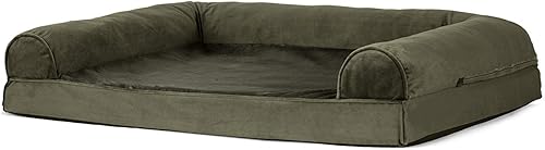 Miniatura 6 de Furhaven Cama ortopédica de espuma para perros, de pelo sintético y terciopelo, con diseño de caja de huevos, color salvia oscura, talla L