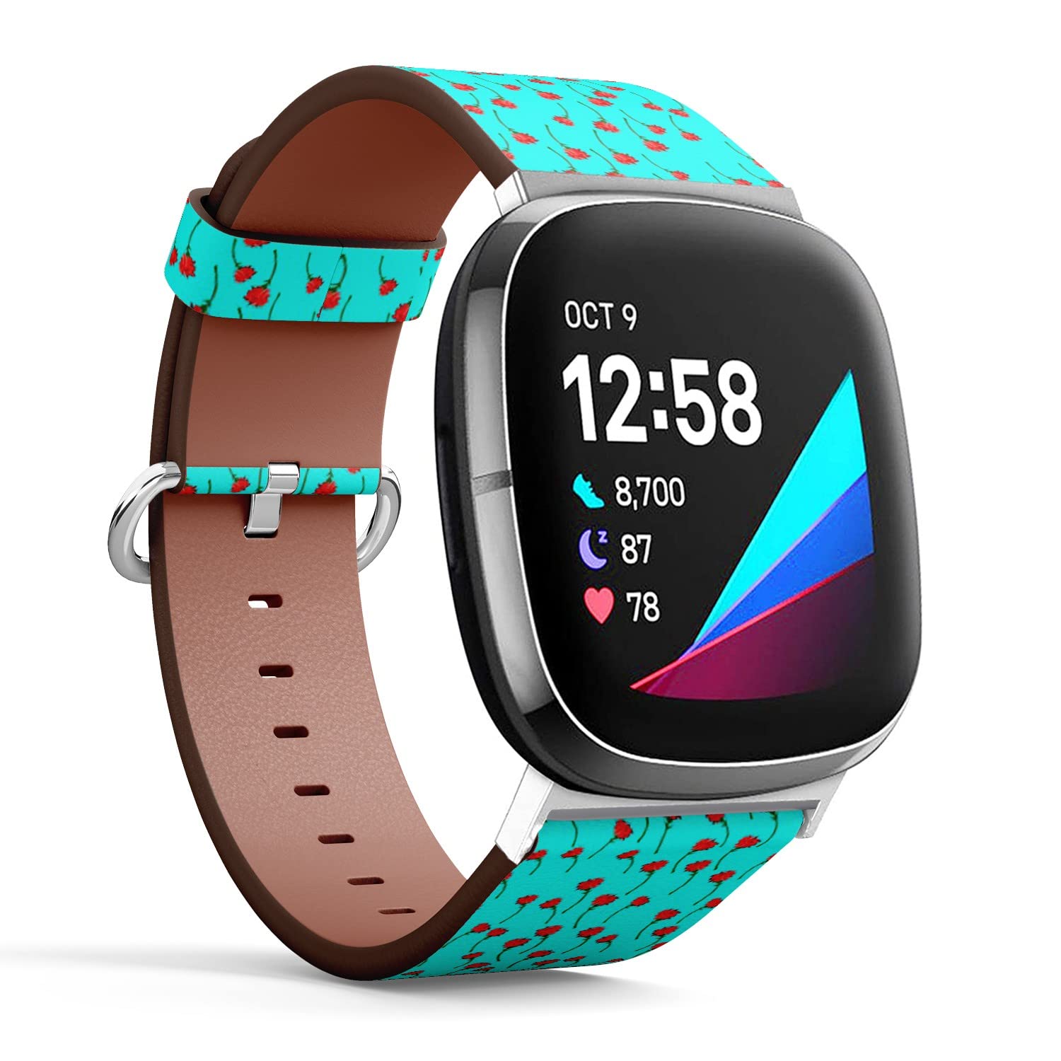 CJBROES Replacement Leather Watch Band, Compatible with Fitbit Versa 3 and Fitbit Sense of Wristband Bracelet Accessory - Art Carnation Back
