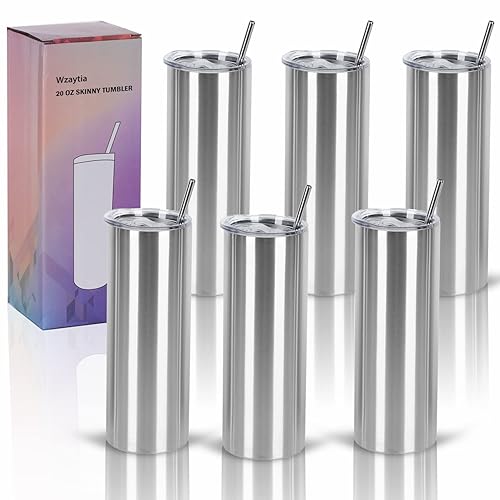 Wzaytia 6 Pack 20 Oz Straight Skinny Tumblers,Individually Gift Boxed Stainless Steel Slim Skinny Tumbler Set Bulk, 20 Oz Insulated Slim Thin Travel Tumbler Cup for Diy, Silver - Silver - 6