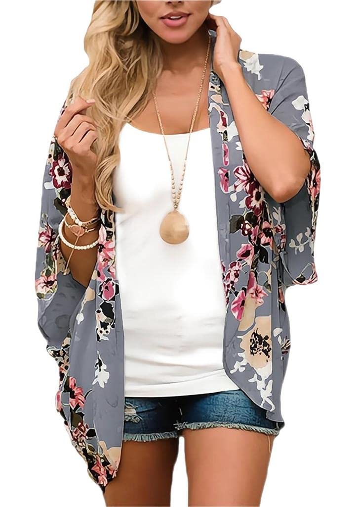 Camisunny Women Chiffon Printed Cardigan Kimono Robe Tops Beach Bikini Cover up Blouse