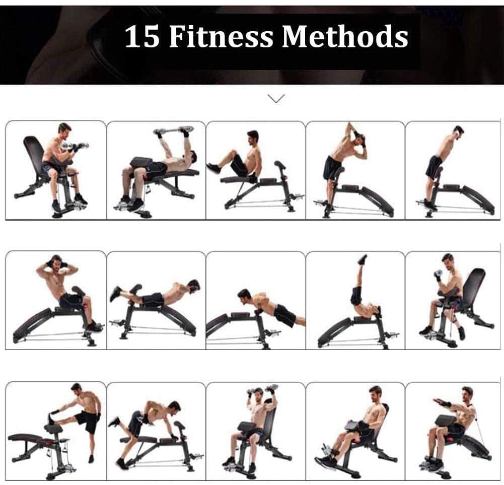 Ławka do ćwiczeń Trening Fitness Gym Regulowana ławka do domowej siłowni, Wiele ciężarków do ćwiczeń, Regulowane oparcie z 5 biegami, Wielofunkcyjna składana ławka, Składana ławka z hantlami z elastyc