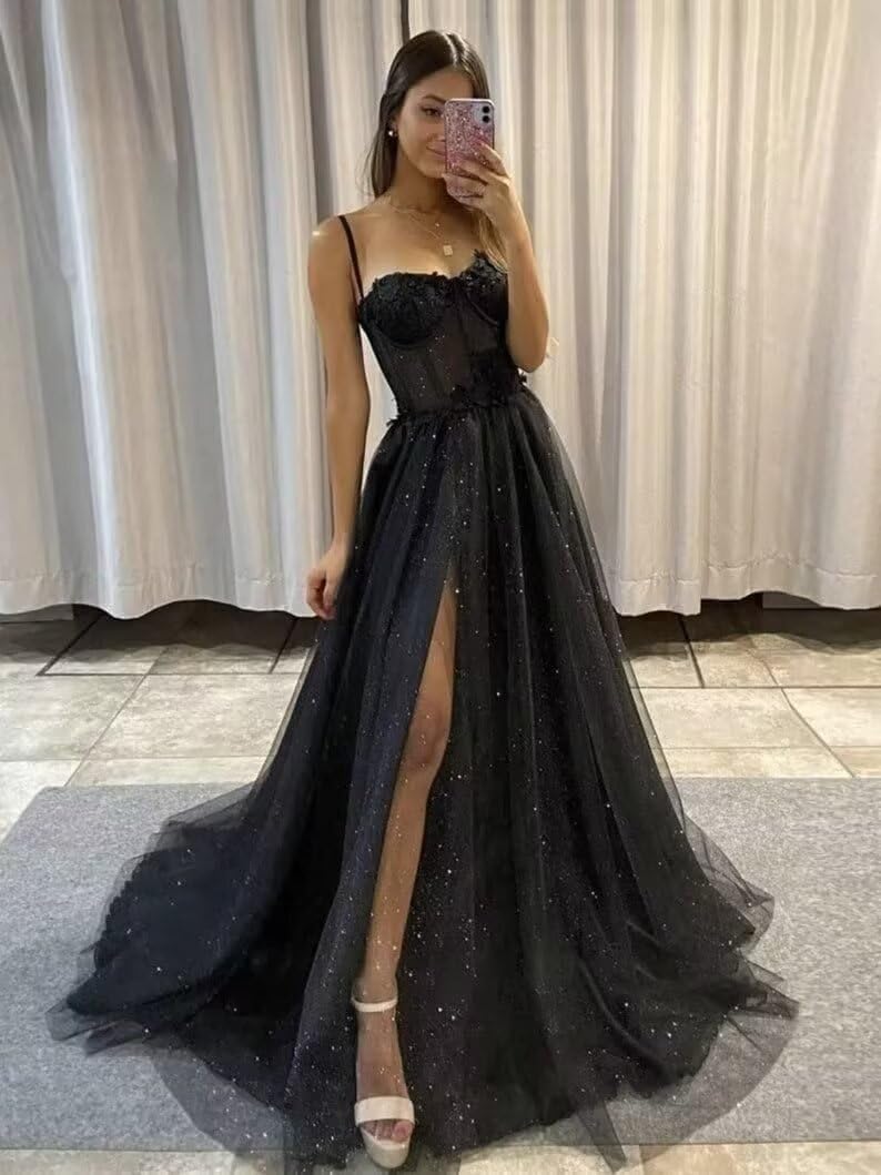 Fivsole Women's Glitter Tulle Prom Dresses Long Spaghetti Straps Lace Formal Evening Party Gowns with Slit