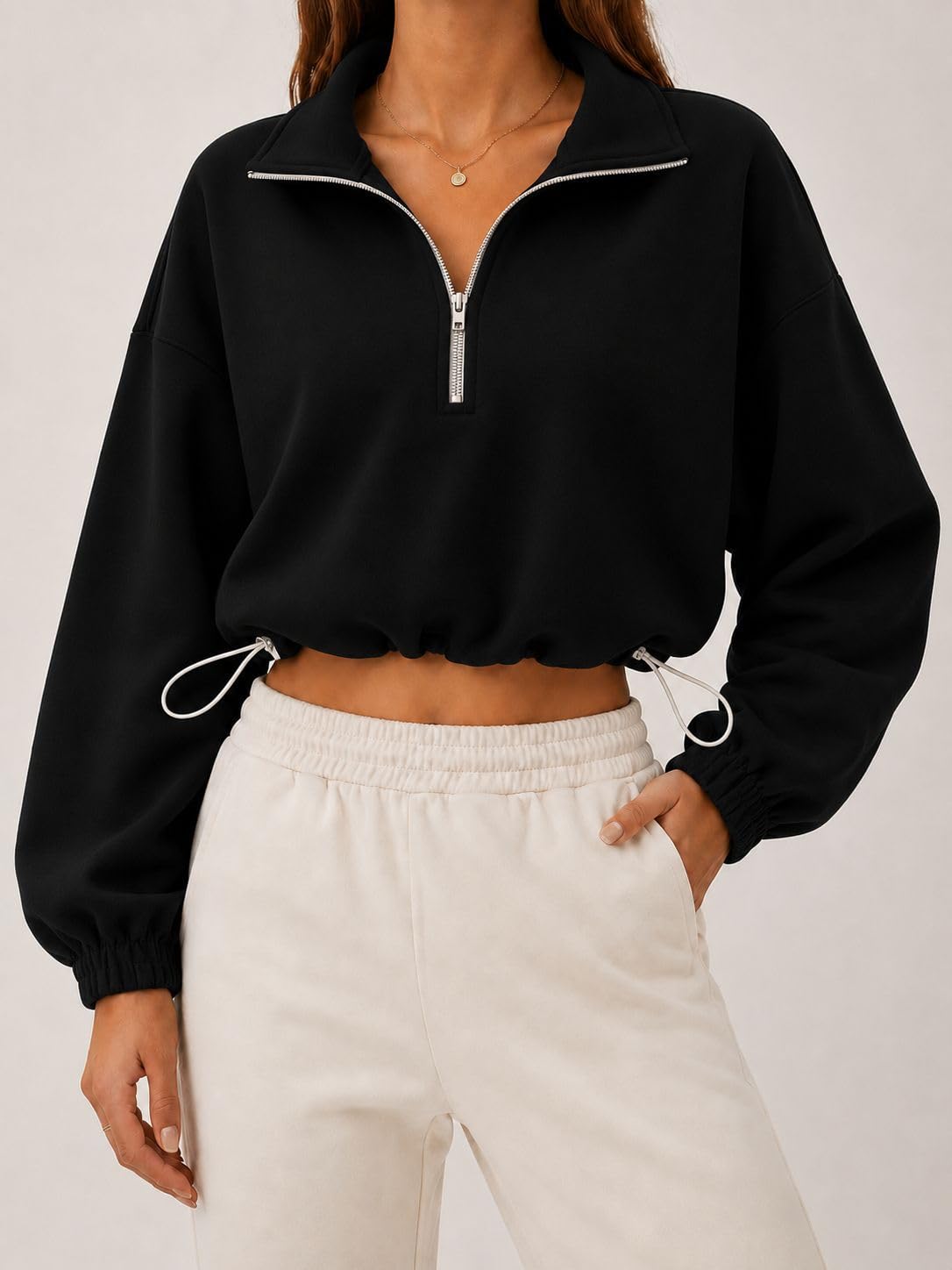 Sweat Femme Demi Zip Court Col Montant Pull avec Cordon Décontracté