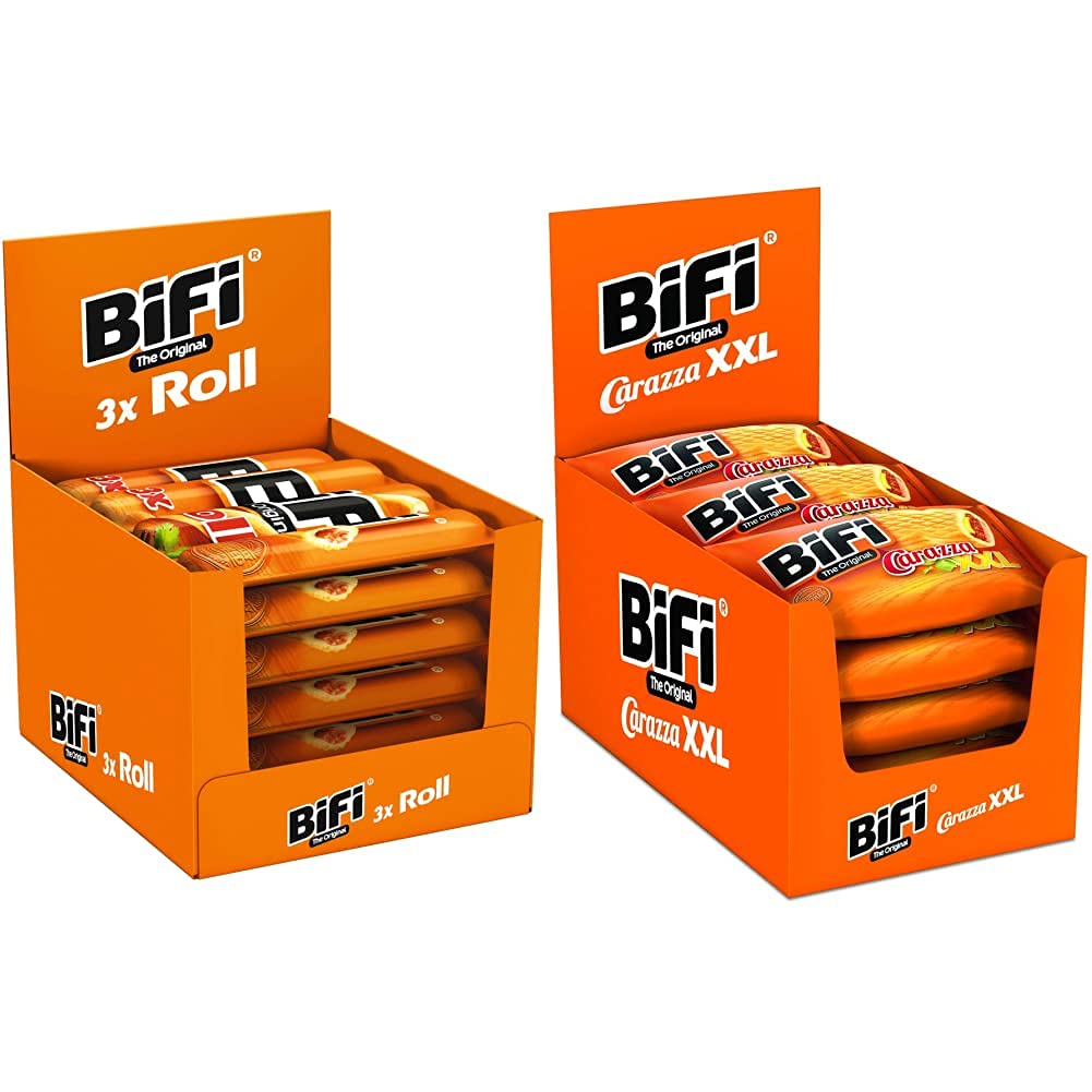BiFi Roll – 10er Pack (10 x 3 x 45 g)– Snack im Teigmantel – Herzhafter, original Salami Fleischsnack & Carazza Original XXL – 16er Pack (16 x 75 g) – Herzhafter Pizzasnack zum Mitnehmen