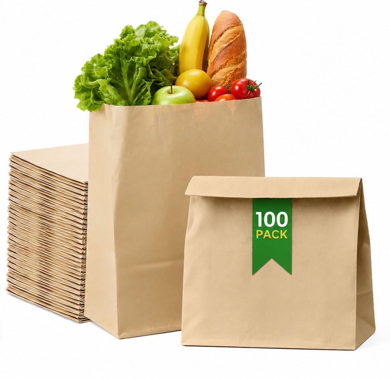 Aakriti Grocery Bags 10 X 5.5 X 14 Inches, 100pcs Heavy Duty Brown Kraft Paper Sacks, Recyclable Durable for Pantry Items, Gifts, Retail, Food Delivery (BROWN, Extra Large Bag 100pcs)