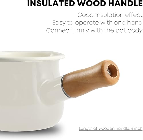 Miniatura 3 de FARCADY Mini olla de leche esmaltada de 0.6 cuartos con mango de madera aislado, 2 boquillas de vertido, calentador de alimentos pequeños, bonita