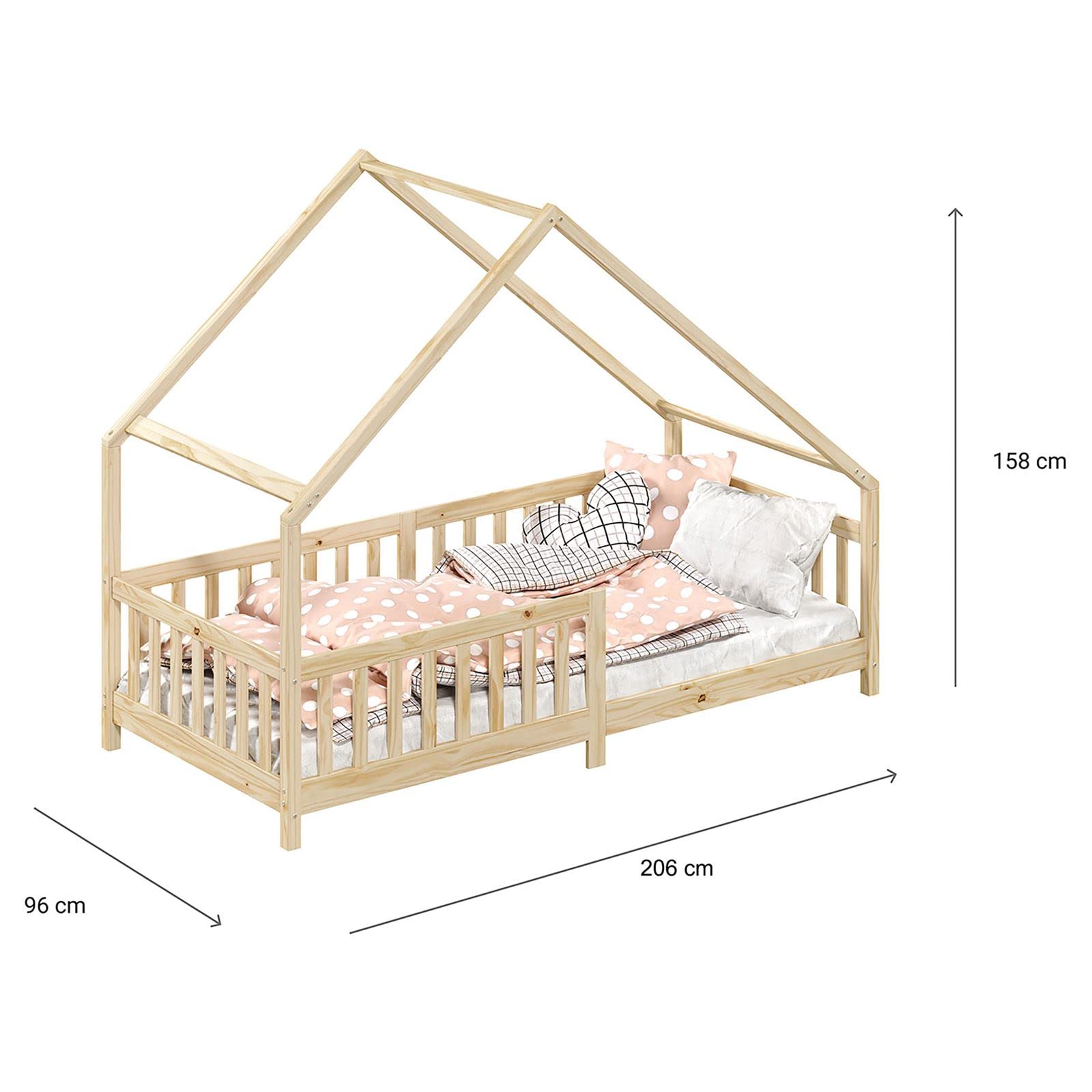 IDIMEX Hausbett CORA 90x200 cm, Natur - Kinderbett mit Rausfallschutz aus Massivholz, Montessori Bodenbett, Holzbett für Jungen und Mädchen