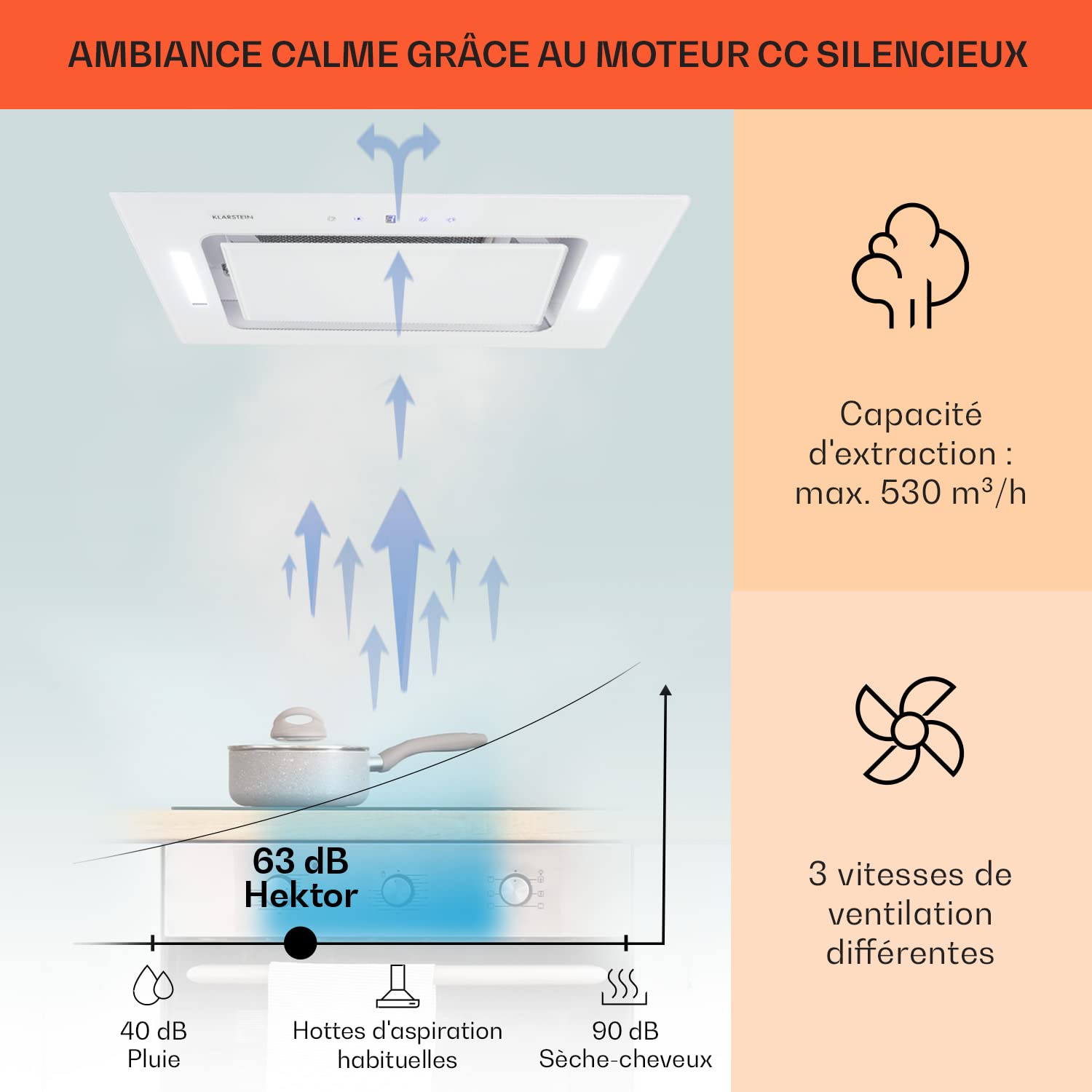 Klarstein Hektor Hotte aspirante encastrable - Hotte aspirante, 52 cm, 190W, 530 m³/h de puissance d’extraction, Écran tactile LED, Blanc