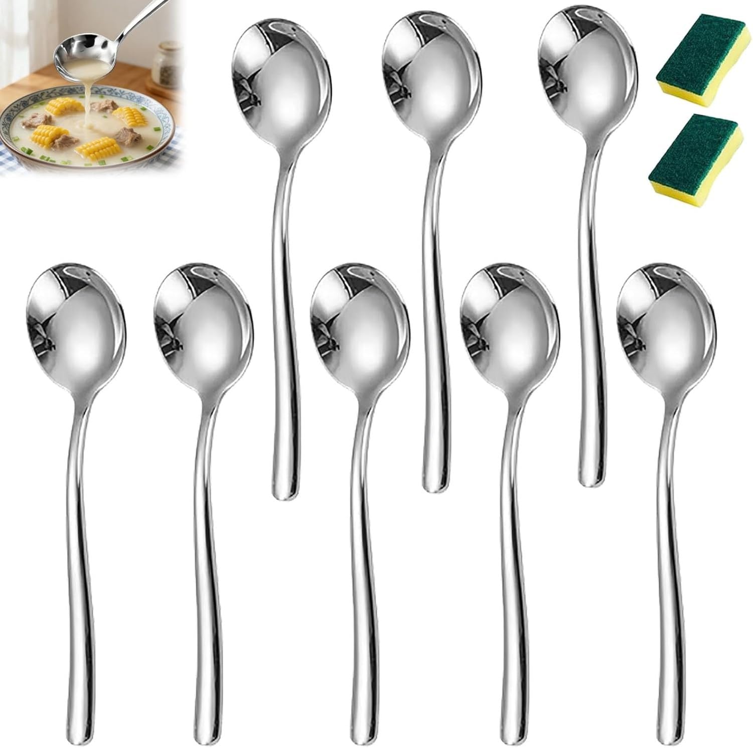 WOMGKDA 18/10 Stainless Steel Soup Spoon Set 4-Piece or 6-Piece, Thickened Heavy Duty Soup Spoons for Hot Soups, Stews, Sauces, Dishwasher Safe Durable Cutlery, 8pcs