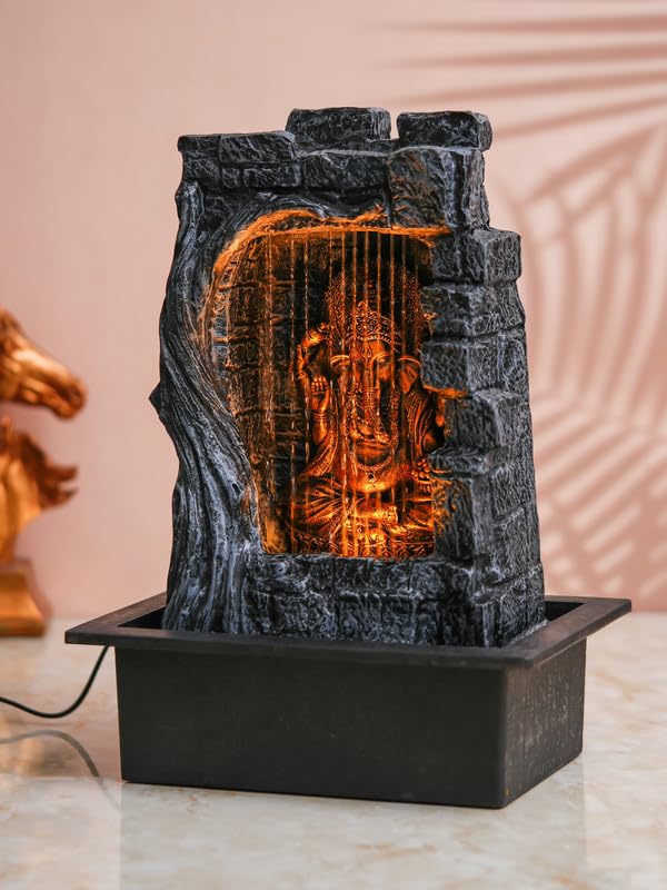 Image of Polyresin Grey & Copper Ganesha Idol Table Top Indoor Front Curtain Waterfall Fountain for Home Decor with Yellow LED Lights & Speed Controller Pump (Size: 40 x 29.5 x 22CM | Wt: 2265grm)