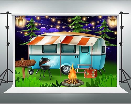 Telón de fondo de camping, temática de camping, fiesta de barbacoa, telón de fondo de fotos Happy Camper Banner Forest Night Photography Backdrops disponible en Yaxa Guatemala