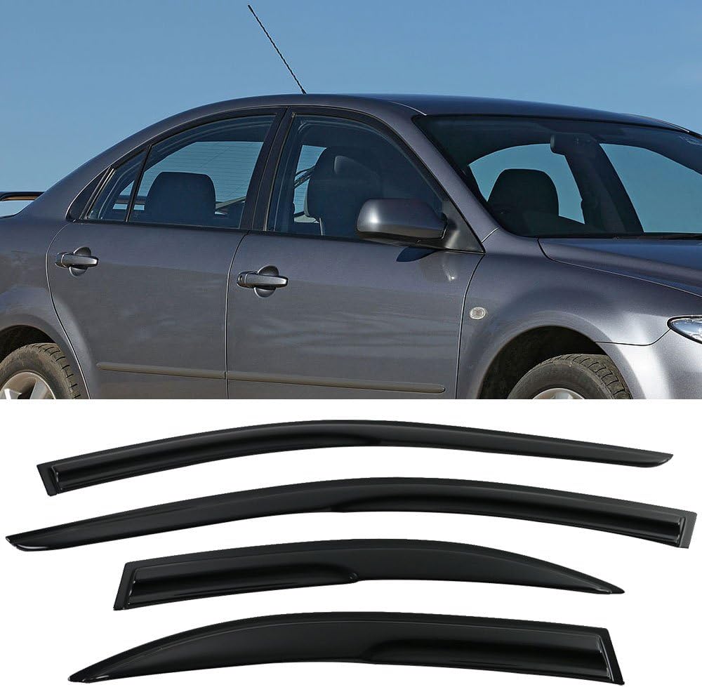 Window Visors Compatible with 2003-2008 Mazda 6, Sedan Smoked Aero JDM Wind Deflectors Stick On by IKON MOTORSPORTS, 2004 2005 2006 2007
