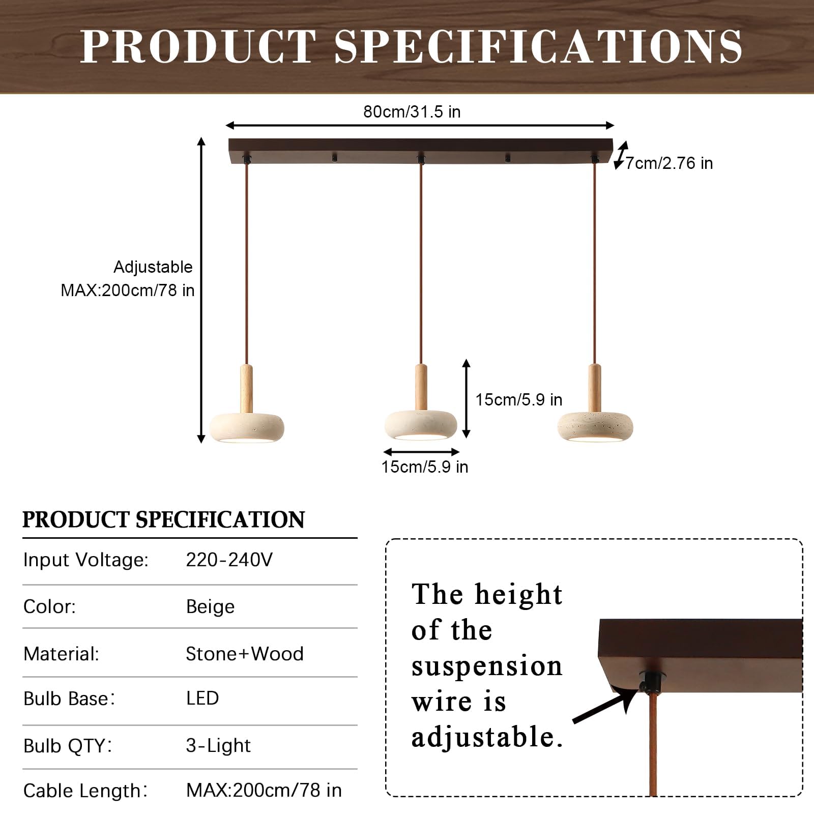 Lustre Suspendu LED 3 Têtes Style Japonais Wabi Sabi Luminaire Travertin Jaune Luminaires Bois Hauteur Réglable Lustres Moderne Adapté Au Salon Cuisine Chambre Salle À Manger Tige En bois