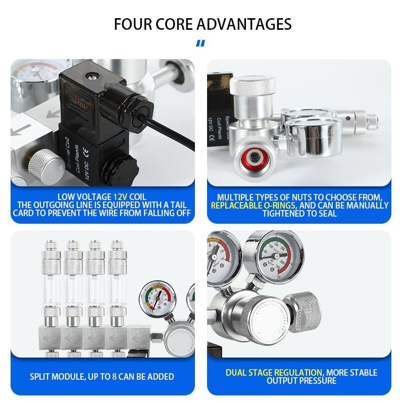 Regolatore Co2 Fai-da-Te for Acquario valvola di Regolazione a Doppio Stadio Valvola di riduzione Co2 con Uscita Multi Splitter for Acquario(G3-4)