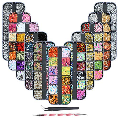11 Boîtes Kit de Strass Ongles - Strass Art d'ongle, Nail Art Strass d'Ongles 3D,Pierres de Strass Cristaux Mélange Diamants Paillettes avec 1 Pince à épiler Cover