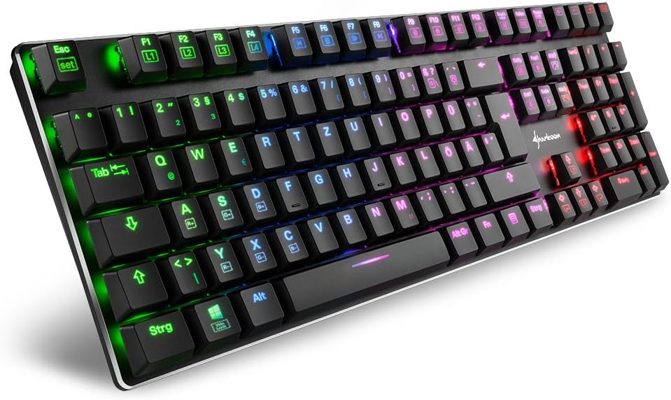 Sharkoon PureWriter RGB Mechanical Low Profile Keyboard (RGB Lighting, Red Switches, Flat Keys, Lighting Effects, Removable USB Cable) Black
