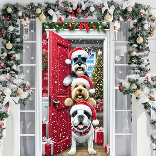 Image of BlissYard Christmas Door Cover Dog Door Hanging Banner 35x71 Inch Yorkshire Terrier English Bulldog Schnauzer Winter Banner Photo Background Door Decoration New Year Home Party Decoration Supplies