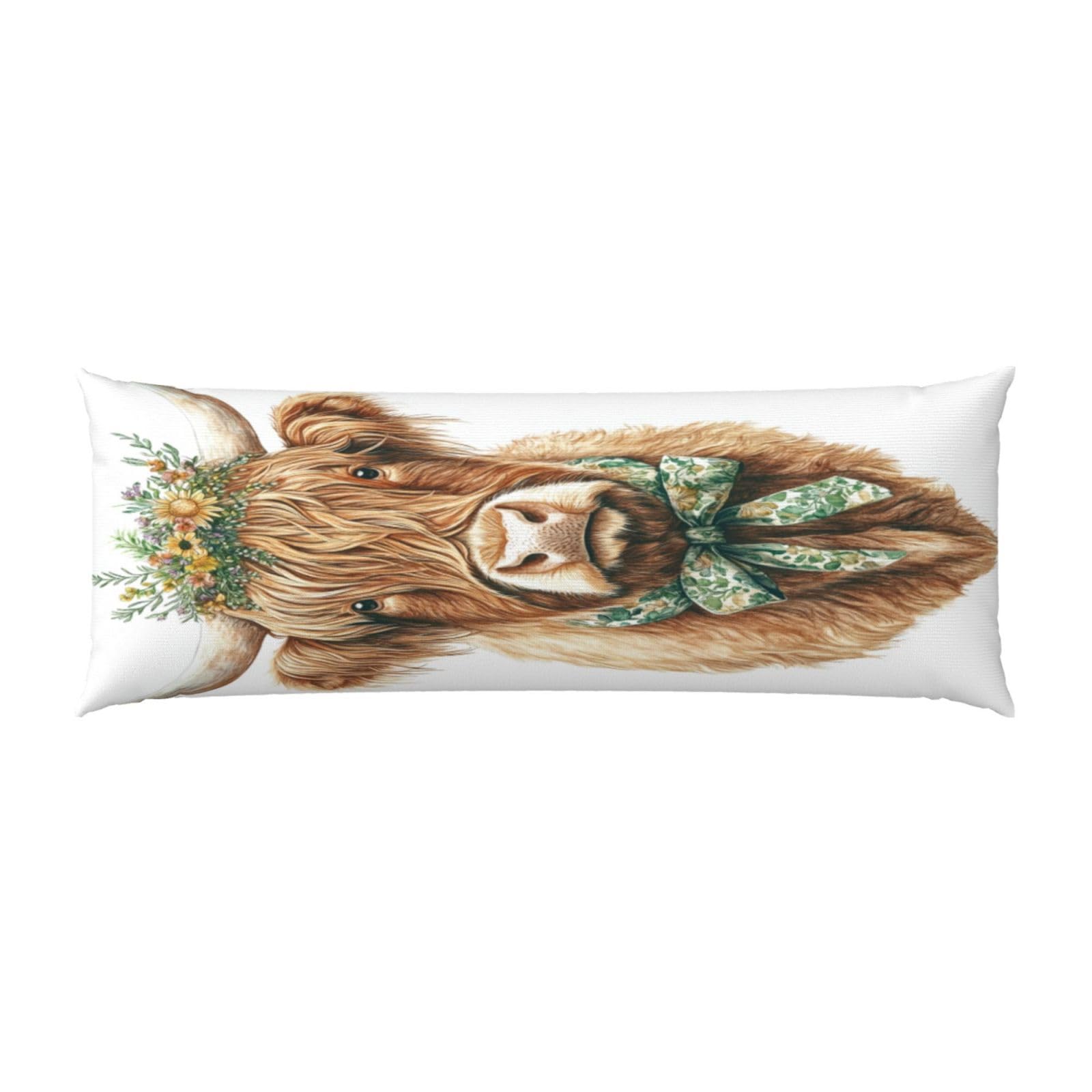 Highland Cow Green White Coquette Bow Body Pillow Cover With Zipper Closure, Cozy Fuzzy Long Fleece Pillowcase Cover 20 X 54 Inches