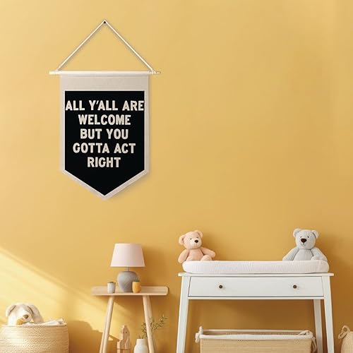 Miniatura 5 de Qpenm Cartel de lona colgante de pared con texto en inglés All Are Welcome Hanger, impresiones de bandera colgante de bienvenida, divertidos